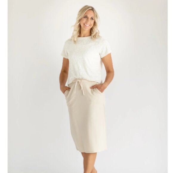 Inherit Co Jordan Knit Midi Skirt Beige Oatmeal Women Md Drawstring Knee-Length - Picture 2 of 5